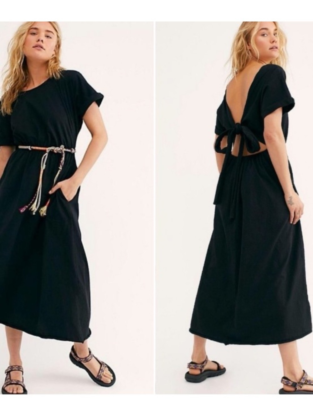 Free People Beach Sorrento Elastic Waist Tie Back Midi Dress Boho Black